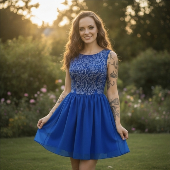 Chi Chi London ✦ Embroidered Party Dress ✦ Cobalt Blue w/ Silver Crystals Sheer - Picture 1 of 17